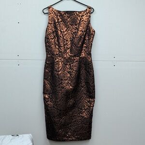 Bettie Page By Tatyana Elegant Black and Gold Floral Brocade Wiggle Dress